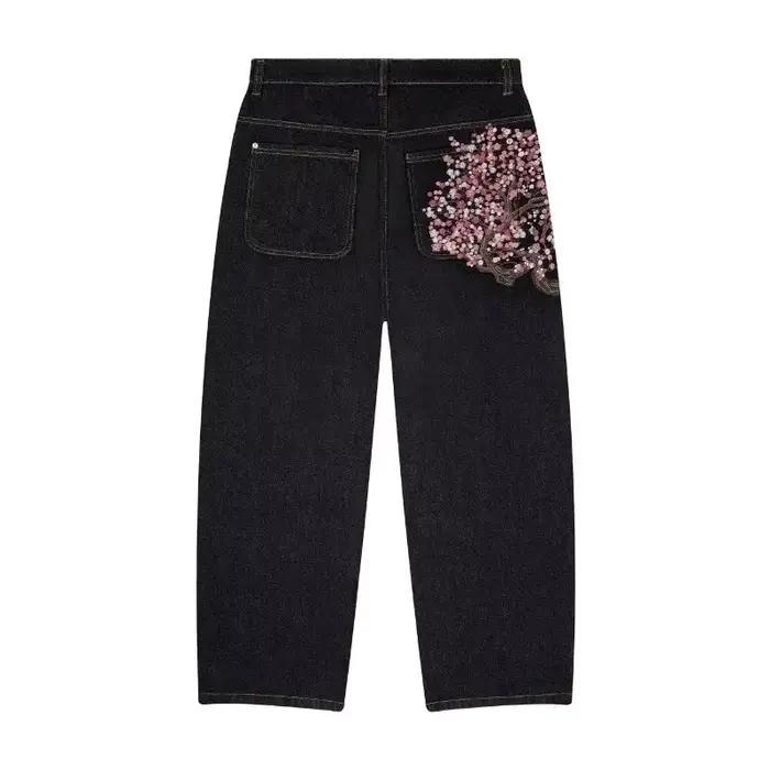 Y2K Baggy jeans fleur de cerisier lisière broderie Denim pantalon hommes femmes denim tissu américai