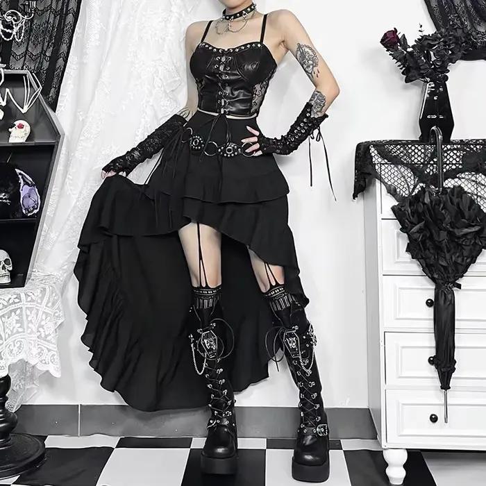 Goth foncé Kawaii noir jupes à plusieurs niveaux 90S rétro ourlet irrégulier bas de fête centre comm