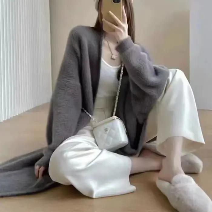 Manteau en tricot ouvert de style ample et paresseux, pull épais à manches longues en fausse fourrur