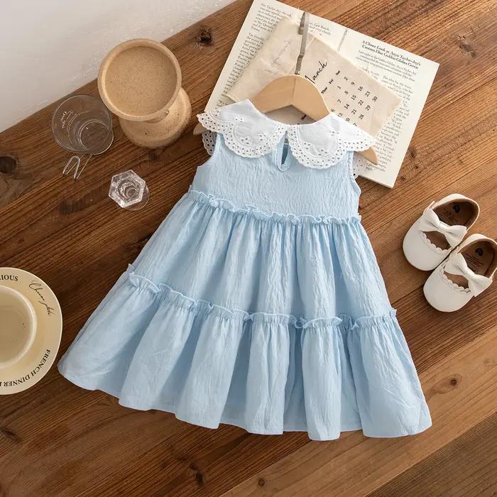 Robe plage été coton filles sans manches à revers couleur unie mignonne