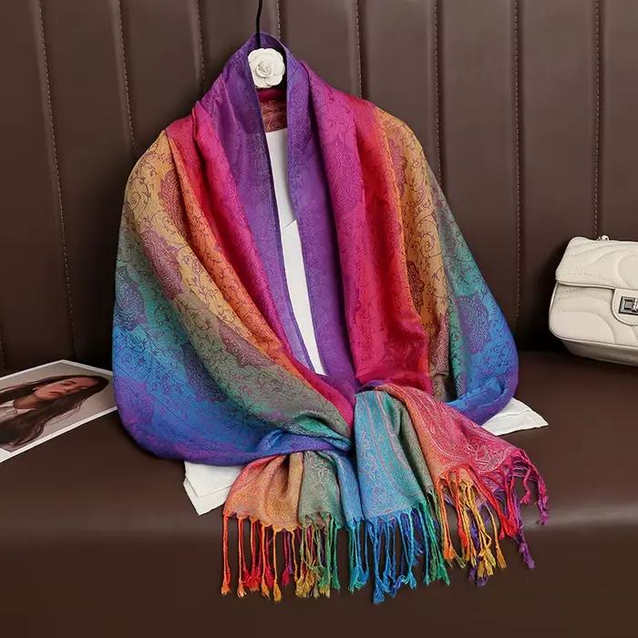 Couleurs arc-en-ciel hiver chaud épais Style ethnique Jacquard écharpe femmes voyage musulman Hijab