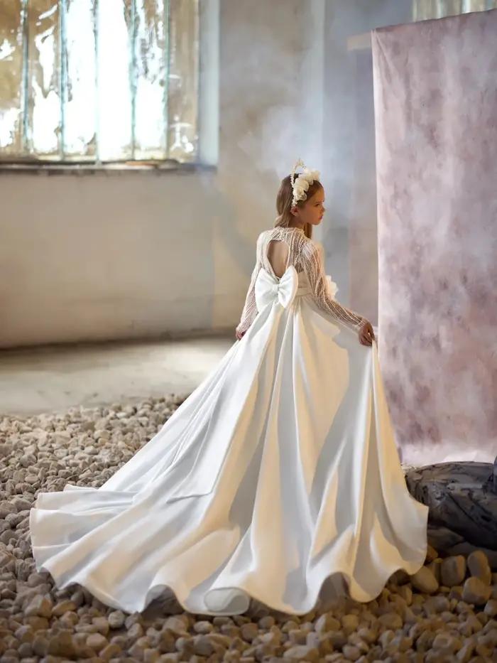 Robe de princesse longue en Satin pour filles, tenue de princesse à paillettes et perles, avec fleur