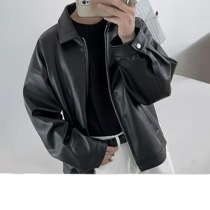 Veste en cuir PU noir surdimensionnée, col zippé, veste pour homme, style coréen, veste bomber décon