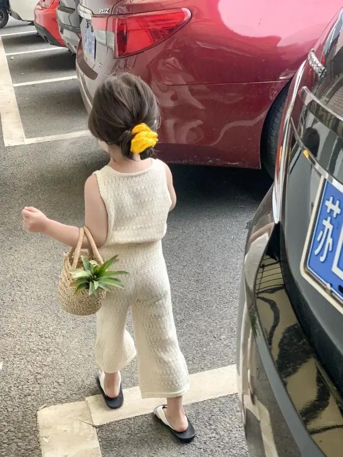 Ensemble été fille 2024 en tricot coréen fin - Gilet ajouré respirant et pantalon large élégant