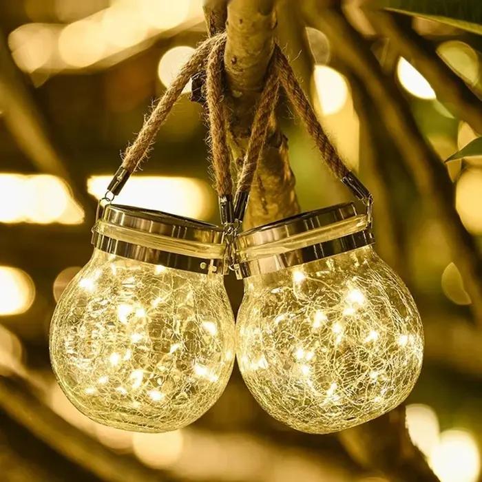 Lampe solaire en pot de verre fissuré, étanche IP65, 30led, blanc chaud et coloré, guirlande lumineu
