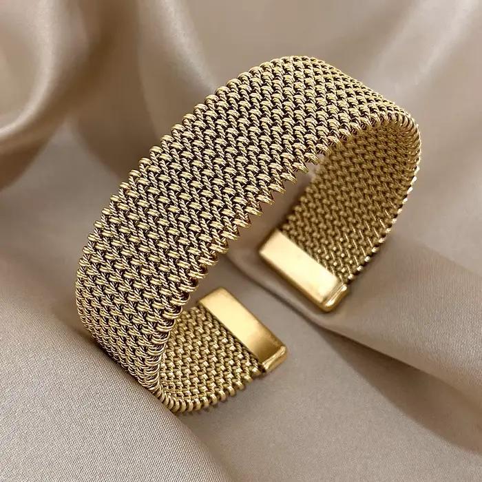 Bracelets manchette doré tissés Vintage pour femmes, élégants, tendance, en acier inoxydable, épais,