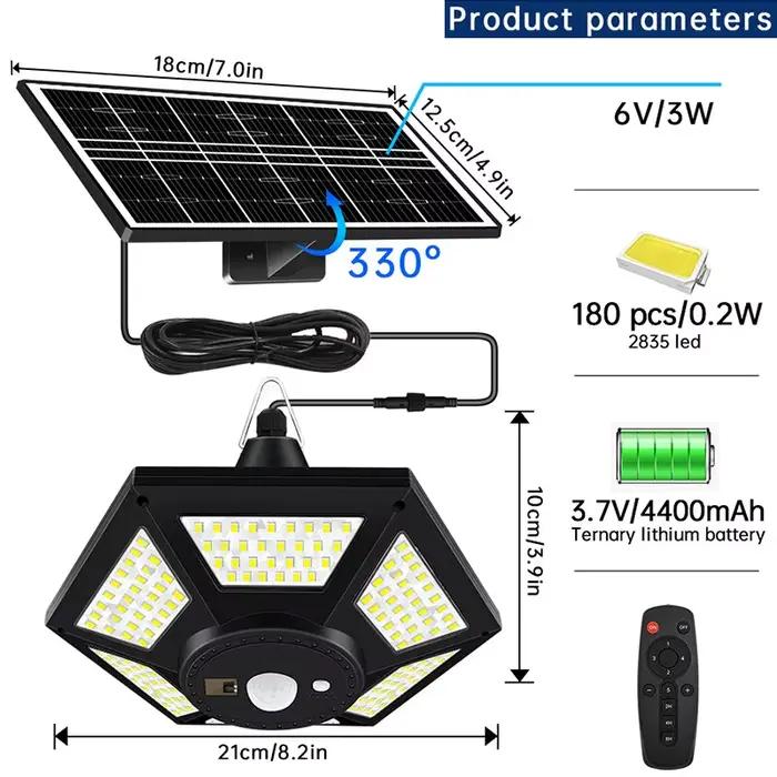 Lampe solaire suspendue avec télécommande, 180 LED, 1000lm, luminaire d'intérieur et d'extérieur, id