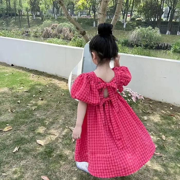 Robe mi-longue à carreaux rose avec nœud style Lolita pour enfants et grandes filles occasions spéciales et événements familiaux