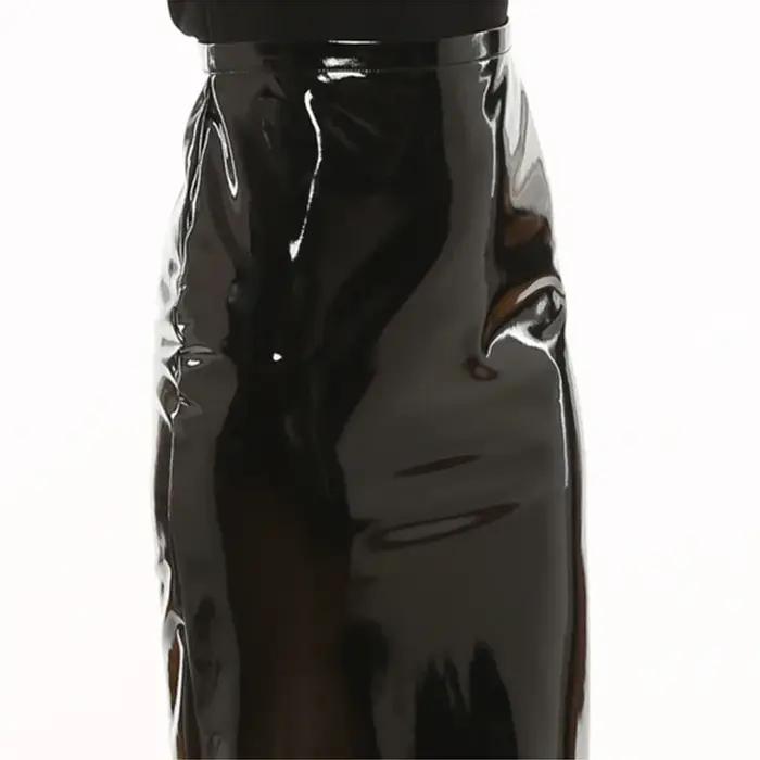Jupe crayon en Faux Latex pour femme, taille haute, moulante, ourlet fendu, bureau, brillant, en cui