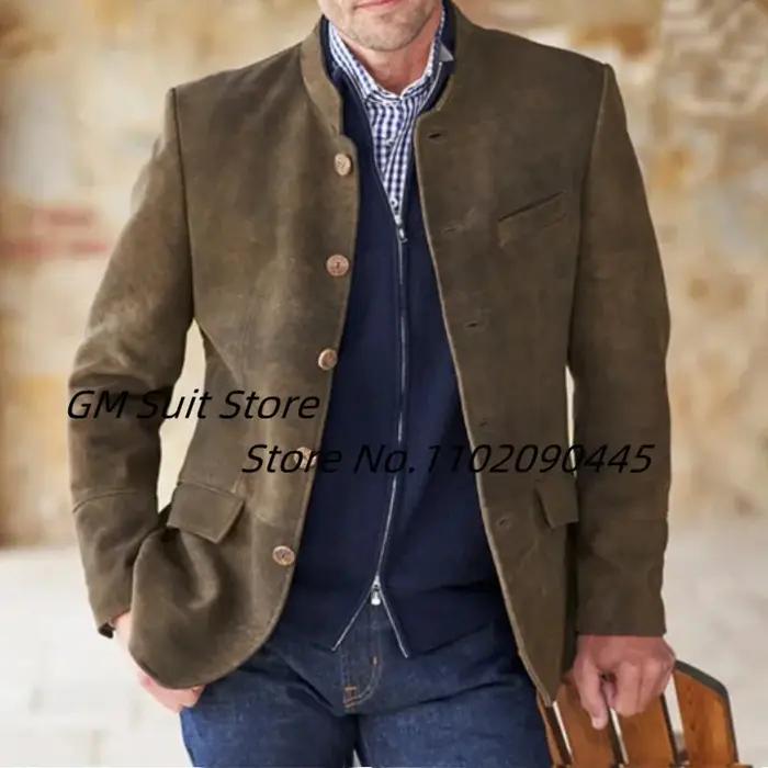 Veste élégante pour homme, style britannique, en daim, col montant, couleur unie, simple rangée de c