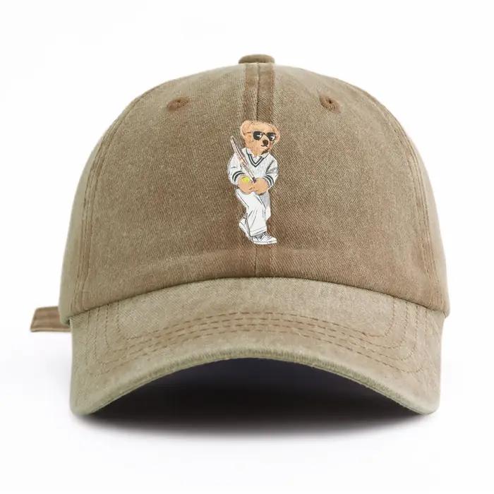 Casquette de baseball délavée à imprimé ours pour adultes, chapeau de papa réglable et doux, style r