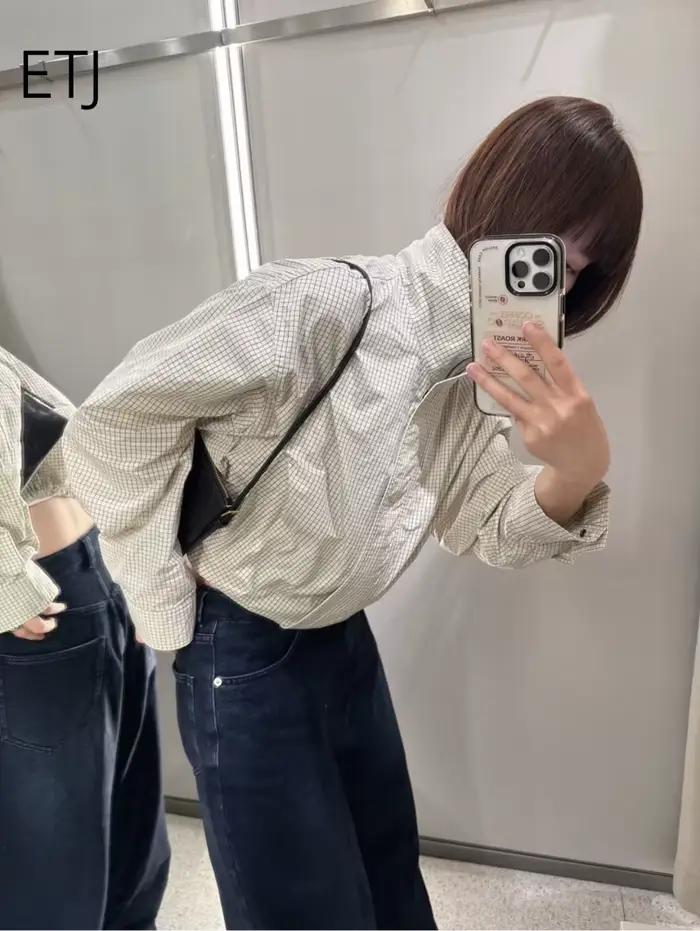 Veste Courte à Carreaux pour Femme ETJ, Col Montant, Manches Bouffantes, Coupe Oversize avec Ourlet