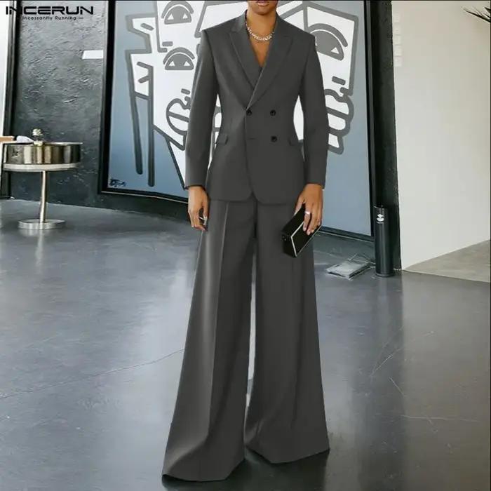 INCERUN hommes ensembles couleur unie Double boutonnage à manches longues Blazer et pantalon deux pi