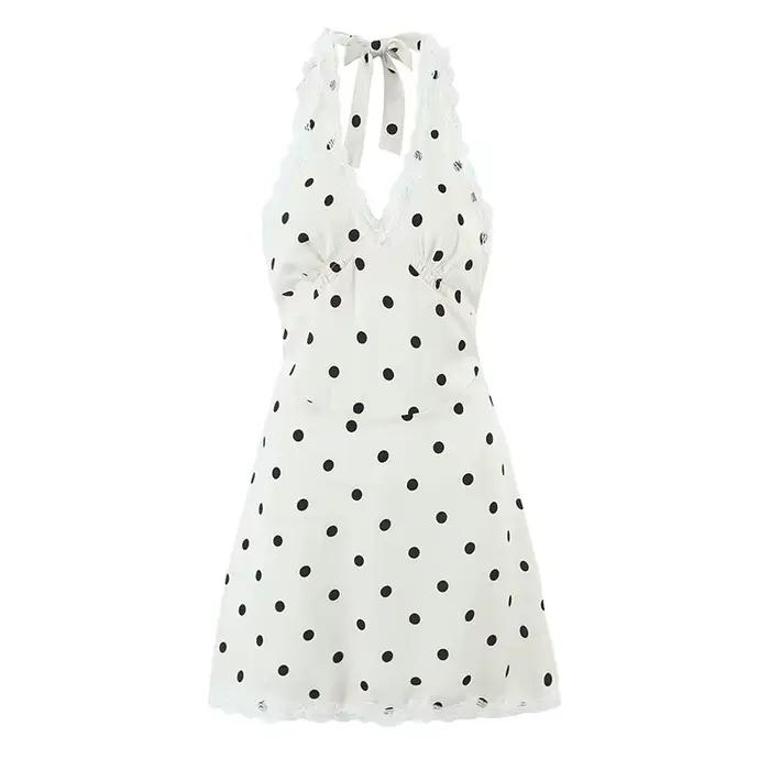 YENKYE dentelle épissé à pois Robe licou femmes élégant a-ligne Mini Sexy dos nu robes Robe d'été 20