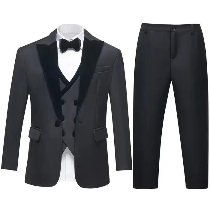 Ensemble de smoking élégant 4 pièces noir pour garçon : blazer, gilet, pantalon – Tenue de cérémonie