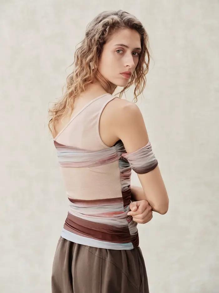 FSLE【Série Premium】T-shirt en tricot à col asymétrique et manches courtes pour femme, style rétro ét