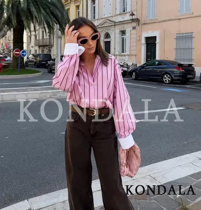 Chemises décontractées à rayures roses KONDALA pour femmes, chemises tendance à boutons et revers po