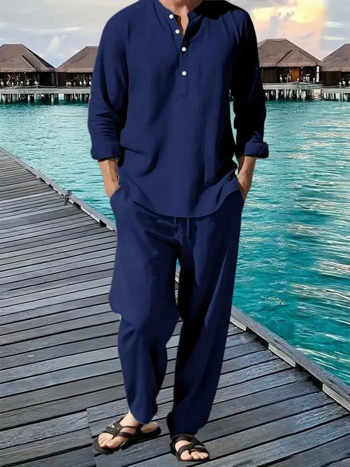 Costume chemise et pantalon pour hommes, respirant, plage, vacances hawaïennes, ensemble décontracté