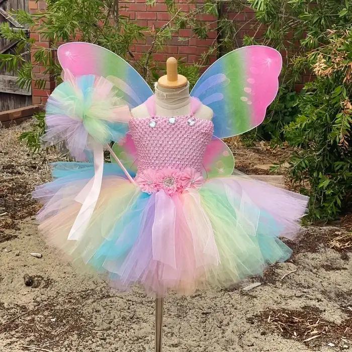 Robe de fée papillon Pastel pour filles, Tutu à fleurs avec aile et bâton, tenue avec nœud de cheveu