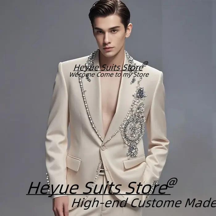 Costumes haut de gamme pour hommes, perles de strass brillantes, personnalisés, coupe cintrée, rever