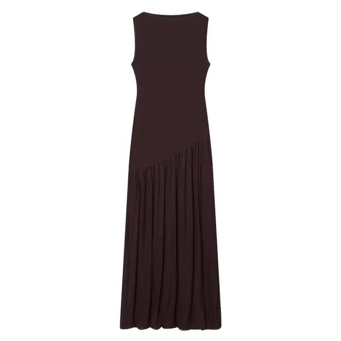Robe mi-longue plissée marron sans manches à col montant pour femme ETJ, coupe fluide, style minimal