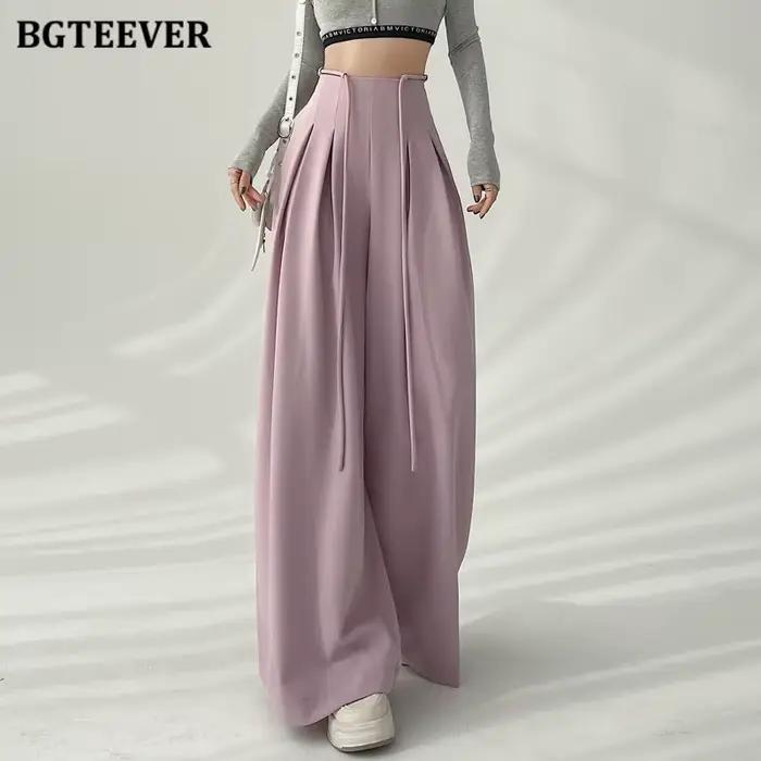 BGTEEVER élégant à lacets taille haute longueur au sol costume pantalon femmes printemps été poches