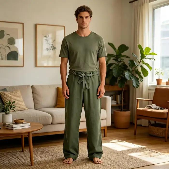 Pantalon décontracté vintage pour homme en mélange de lin à taille haute et jambe large, doux et res