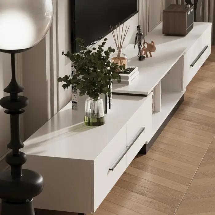 Meuble TV réglable en longueur et en forme, console multimédia 100 pouces, 4 tiroirs, 2 étagères, sa