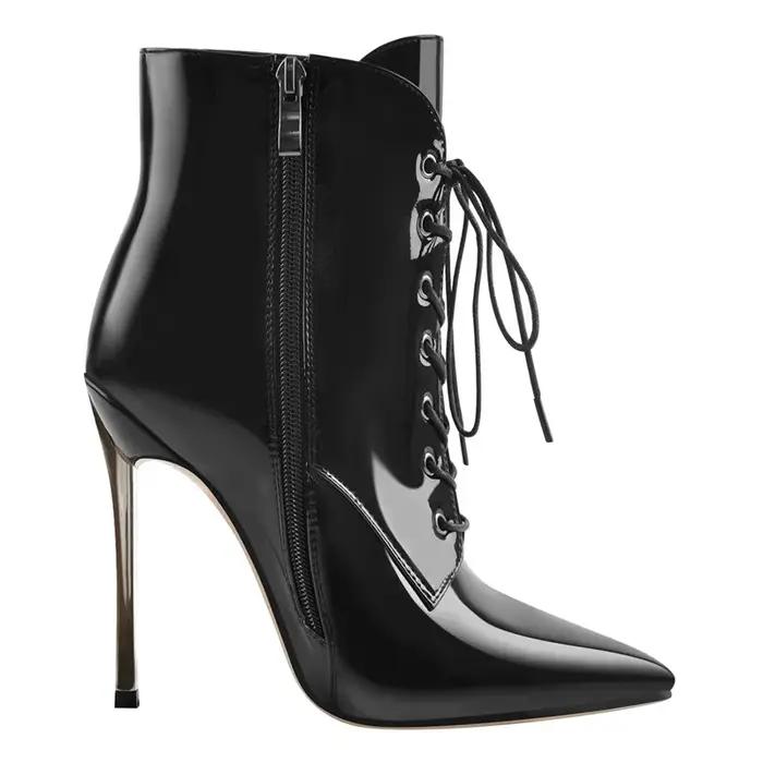 DALTolmaker-Bottes de rinçage à lacets pour femmes, bottes pointues en métal, talon haut fin, fermet