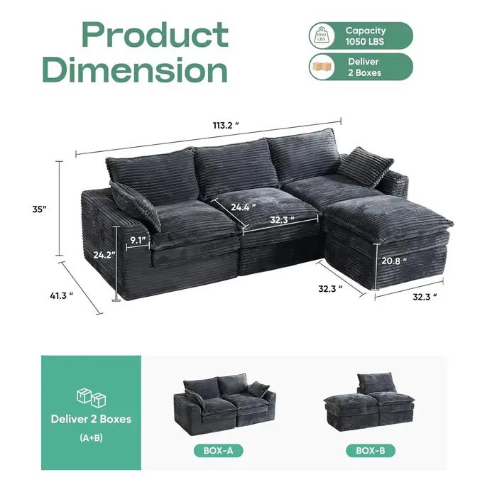 Canapé modulaire sectionnel de 113 pouces, canapé nuage en L surdimensionné avec assise profonde, ca
