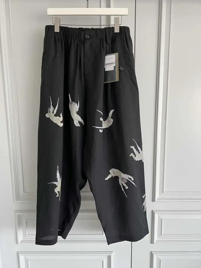 TOP-YAMAMOTO pantalon long imprimé ange design original pour hommes, pantalon décontracté en lin con