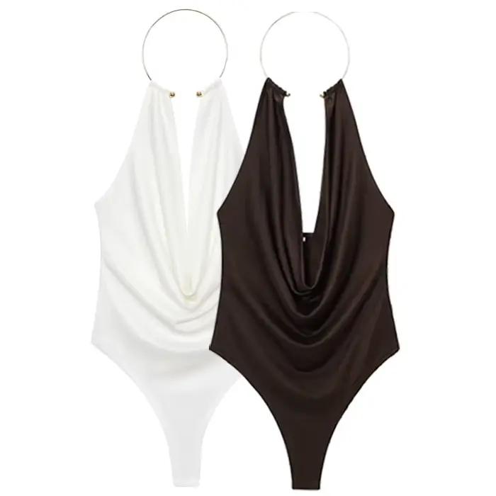HXAO marron licou body femmes été body pour femmes Sexy épaules nues sans manches string body avec d