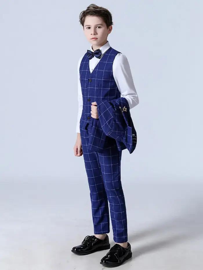 Ensemble de costume à carreaux bleu élégant, 5 pièces, tenue de spectacle de Piano, beaux garçons in