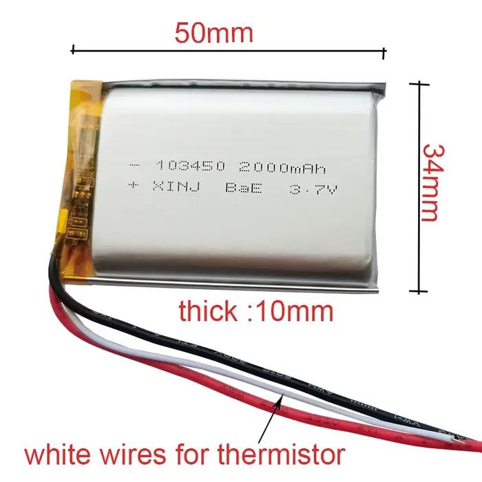 Batterie aste au lithium polymère, thermistance à 3 fils, 3.7V, 2000mAh, 7,4 Wh, 103450, 3 broches,