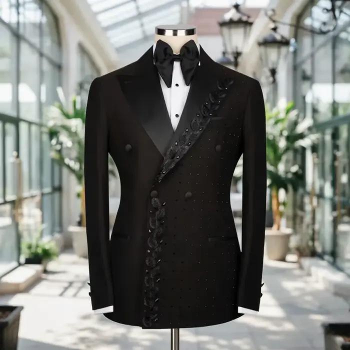 Costume Homme Perlé Brodé Noir Texturé Croisé Coupe Slim Formel pour Mariage, Bal de Promo, Dîner, S
