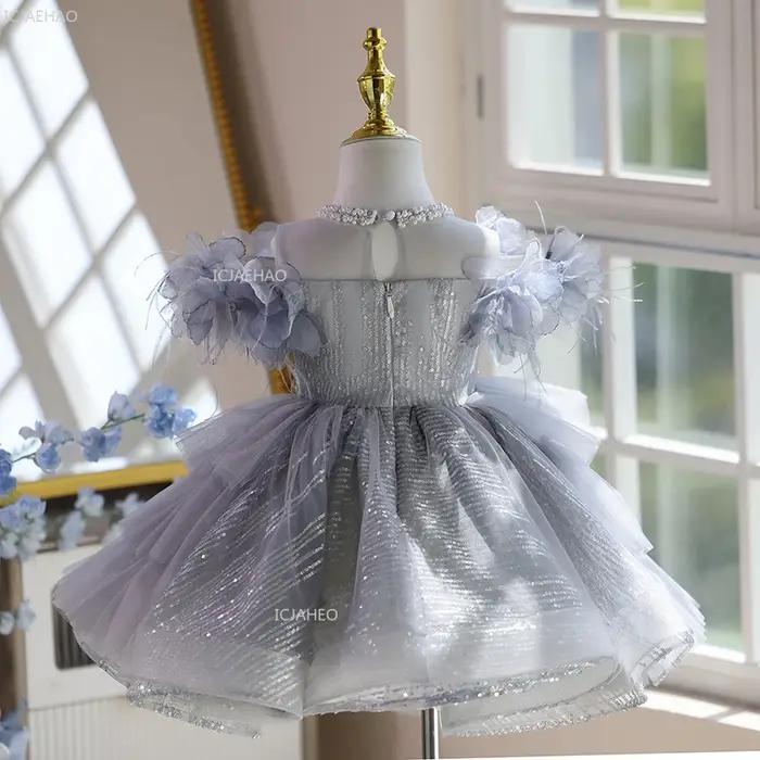 Robe de bal princesse grise pour filles, robe de fête d'anniversaire pour enfants, hôte de spectacle