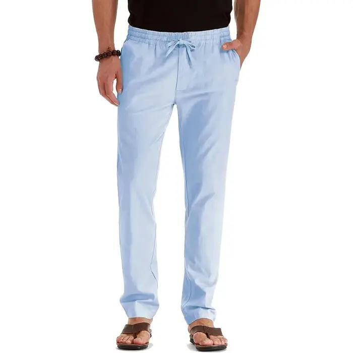 Pantalon Long en coton et lin pour hommes, décontracté, hawaïen, jambe droite, survêtement léger, no