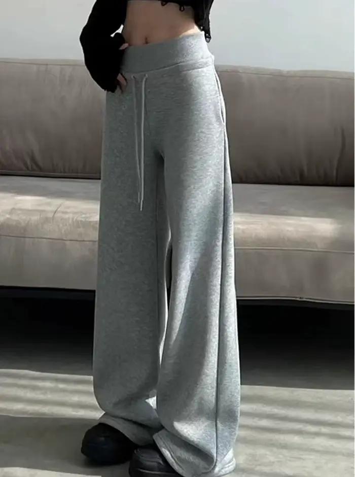 Pantalon de sport gris taille haute pour femmes, ample, amincissant, jambes droites, jambes larges,