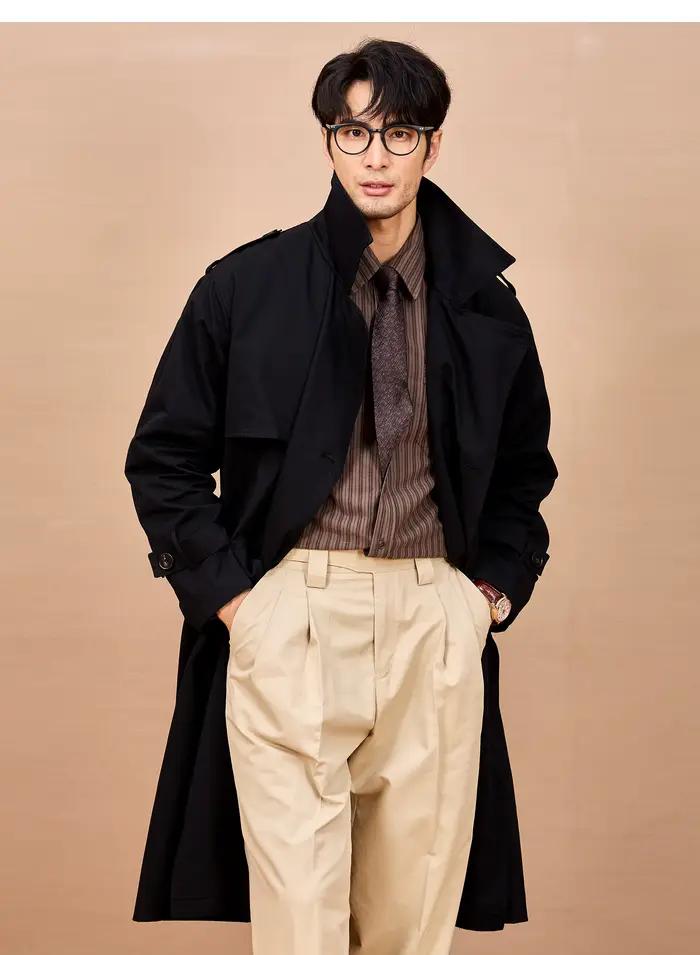Mauroicardi printemps automne Long noir kaki Trench manteau hommes épaulettes Double boutonnage Chic