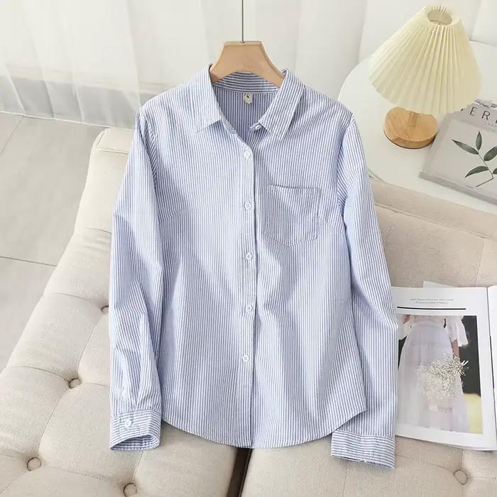 Chemise Oxford décontractée en coton pour femmes, chemisier rayé pour dames, chemises monochromes, b