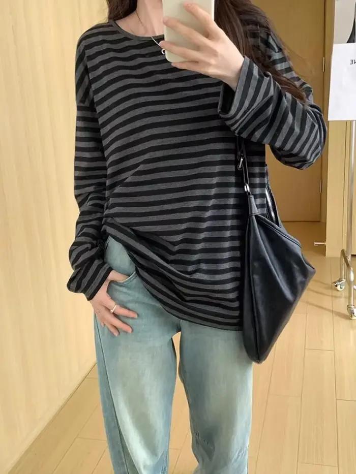 T-shirt manches longues pour femmes, vêtements japonais Y2k, hauts rayés, ample et fin, Grunge des a