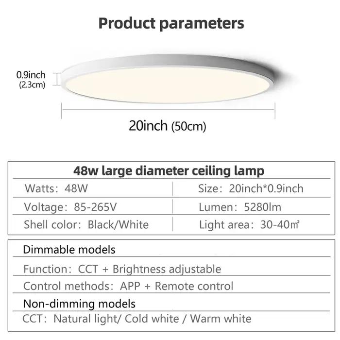 MARPOU 50CM grand plafonnier LED avec télécommande APP intelligente luminaire ultra-mince plafonnier