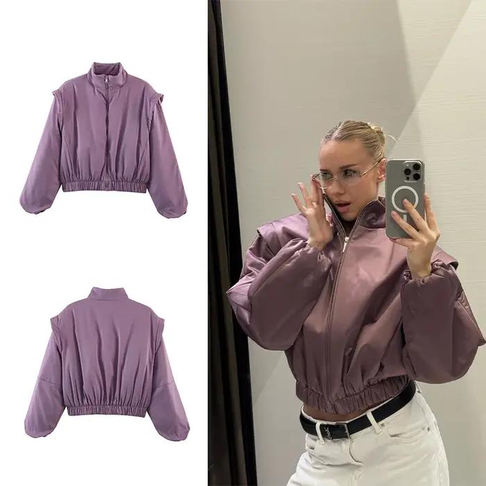 Nouvelle veste bomber en satin SLTNX pour femme, mauve, à manches bouffantes, courte, zippée, décont