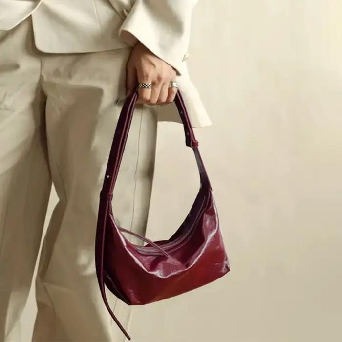 Sac sous le bras en cuir de vachette véritable bordeaux pour femme, sacs de luxe de créateur en cuir