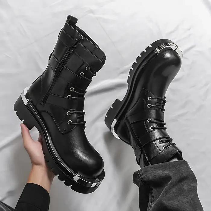 Bottes Chelsea pour hommes, couleur unie, semelle épaisse, hauteur augmentant, haut en métal, gros o