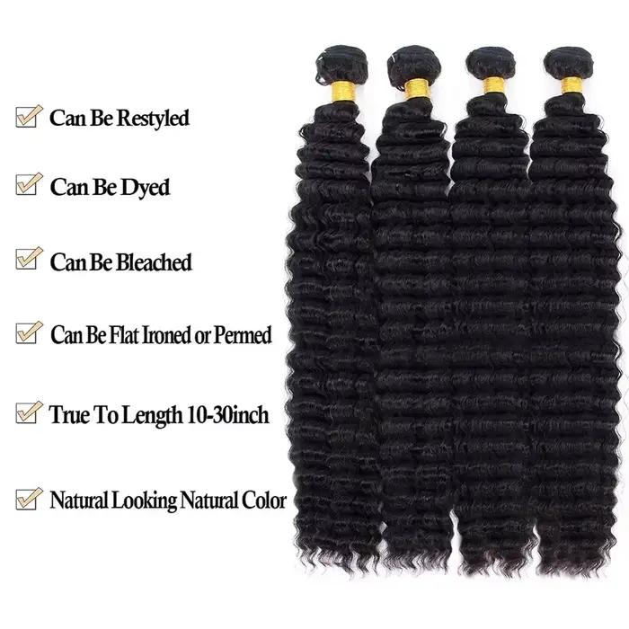 Extensions de Cheveux Humains Brésiliens Remy Longs, Couleur Naturelle, Bundles Profonds, 1/3/4 Pièc