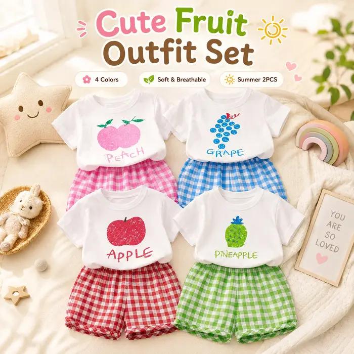 Ensemble haut à manches courtes et short à carreaux fruits dessin animé pour enfants vêtements d'extérieur décontractés été