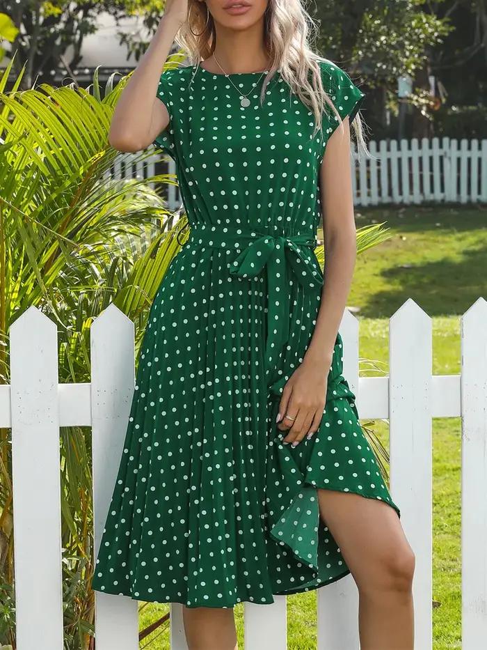 Benuynffy-Robe trapèze ceinturée à pois pour femmes, col rond, manches cape, longueur genou, froncée