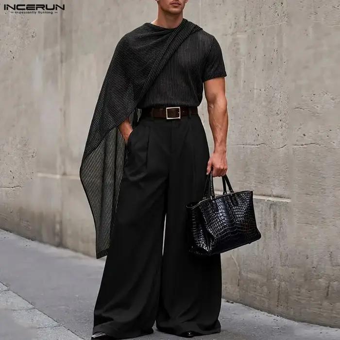 INCERUN T-shirts irréguliers pour hommes, rayés, en maille unie transparente, hauts pour hommes, châ