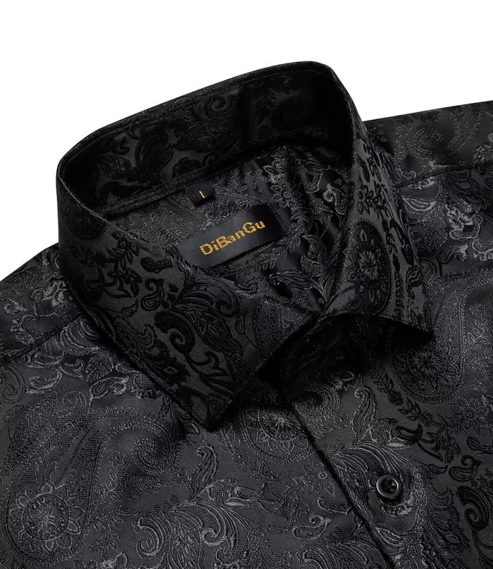 Chemises habillées en soie Paisley noire à manches longues pour hommes, chemise sociale de smoking d